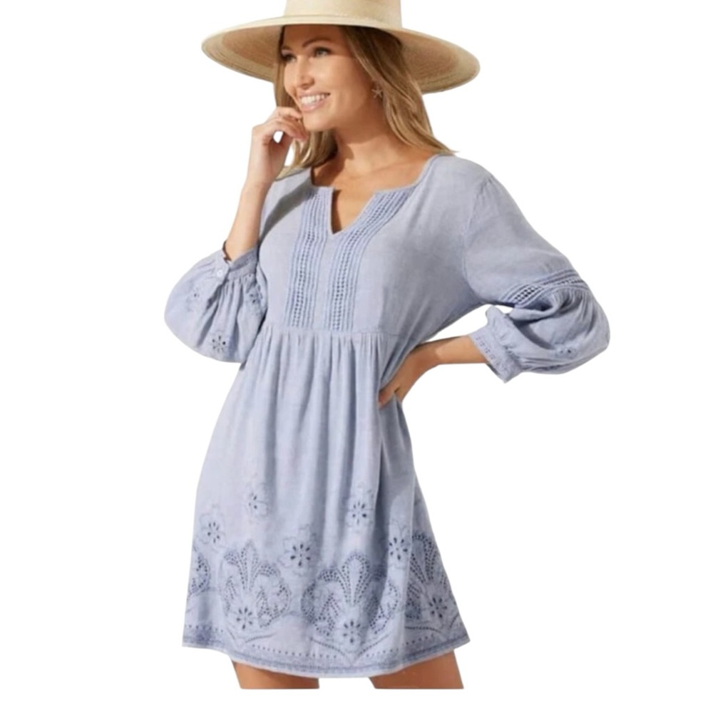 Tommy Bahama St. Lucia Split Neck Dress Cover Up S Embroidered Blue NWT